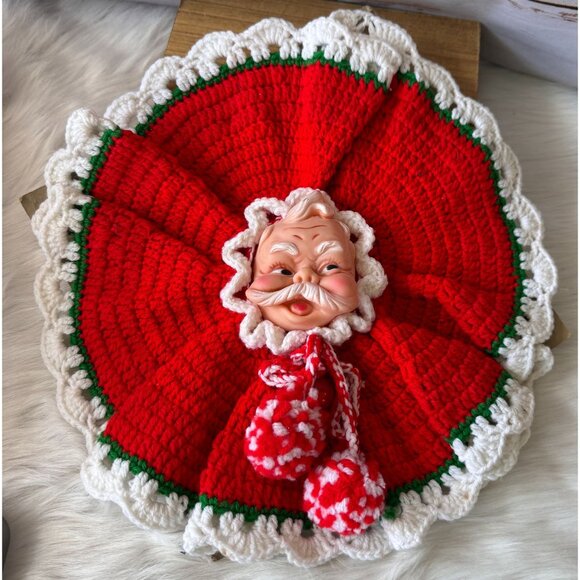 VTG Handmade Rubber Santa Face Wall Hanging with Red, White, Green Crochet - Picture 1 of 7